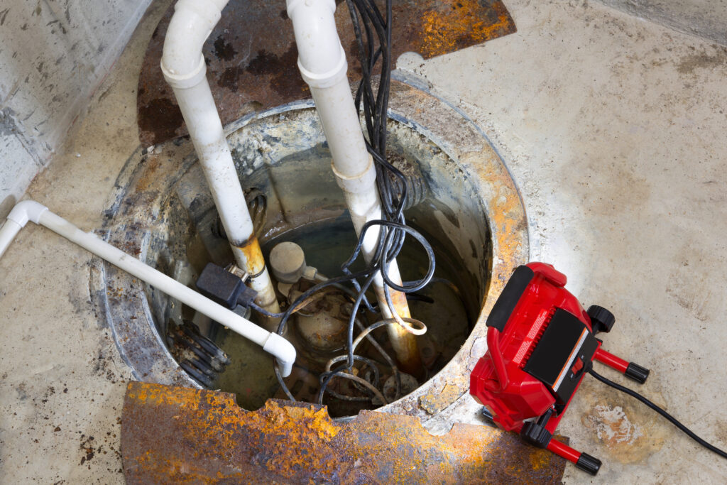 Repairing a sump pump in a basement with a red LED light illuminating the pit and pipework for draining ground water